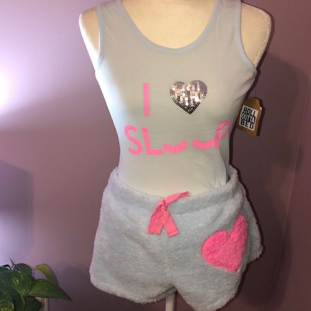 Roll outta bed pj set fuzzy shorts & tank